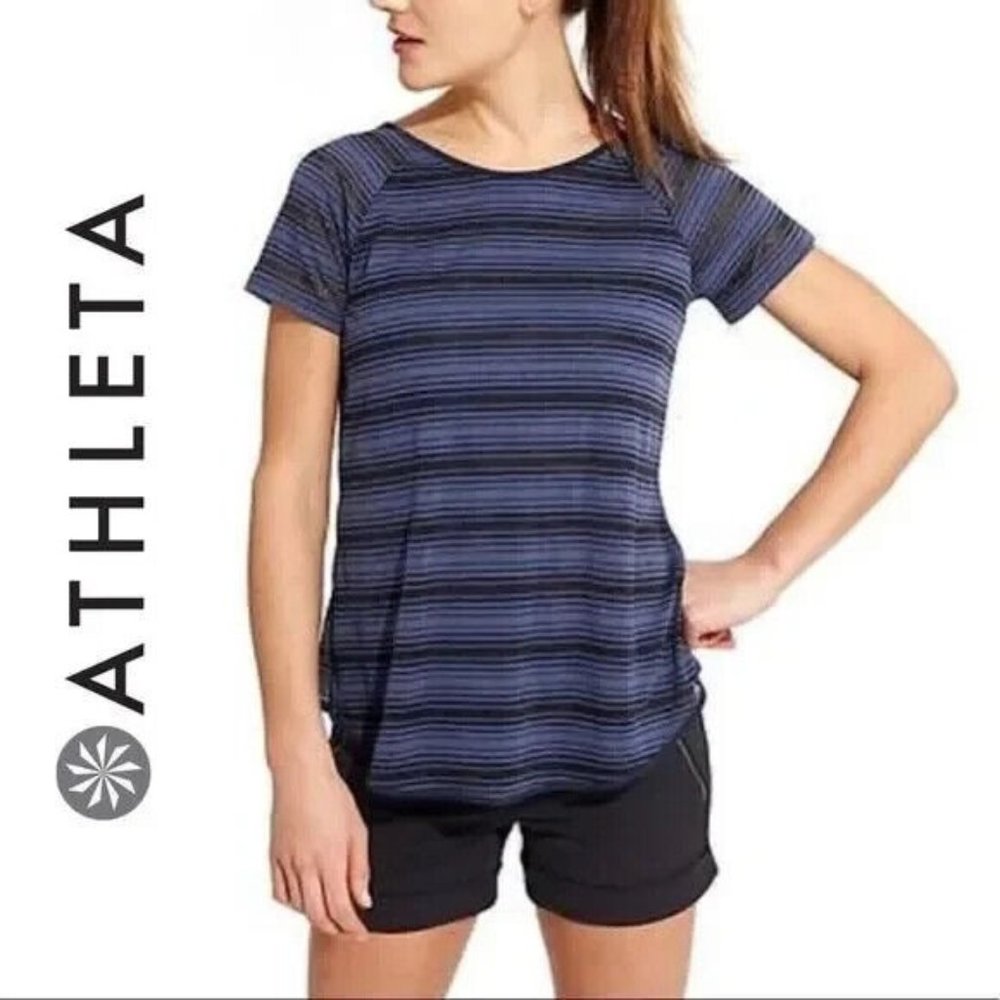 Athleta striped twist back layered womens blue top M